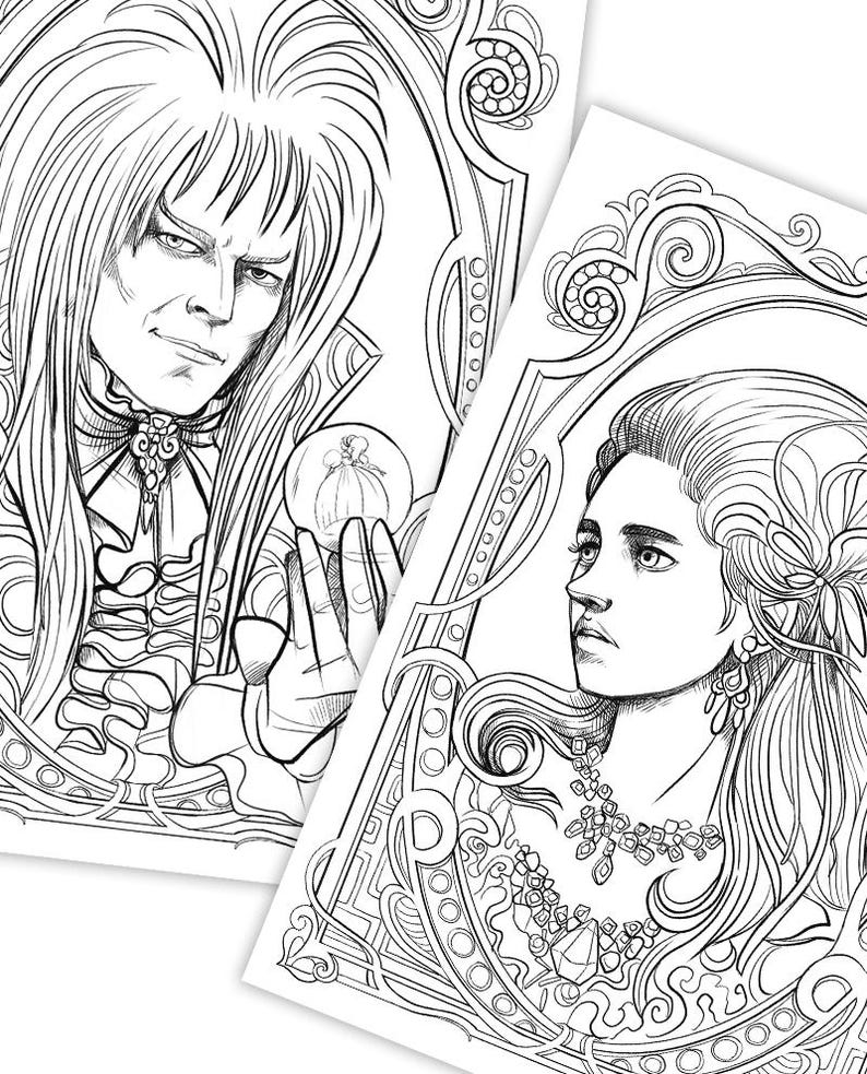 May include: Black and white line art illustration of two characters from the movie Labyrinth. The first character is a man with long hair and a crown, holding a crystal ball. The second character is a woman with long hair and a necklace, looking to the right.