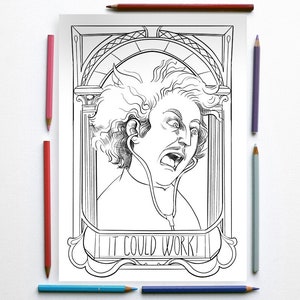 Può includere: Stampa artistica in bianco e nero di un uomo con uno stetoscopio, con la scritta "IT COULD WORK!". La stampa è incorniciata da matite colorate rosse, rosa, viola e blu. L'uomo ha un'espressione sorpresa.