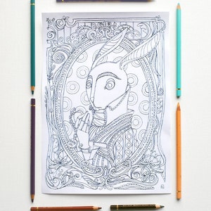 May include: A black and white line drawing of a rabbit wearing a fancy outfit and a crown. The rabbit is surrounded by ornate details and a frame. The image is suitable for coloring.