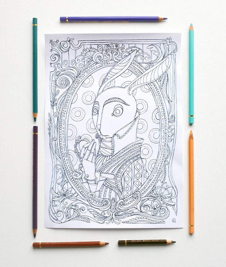 May include: A black and white line drawing of a rabbit wearing a fancy outfit and a crown. The rabbit is surrounded by ornate details and a frame. The image is suitable for coloring.