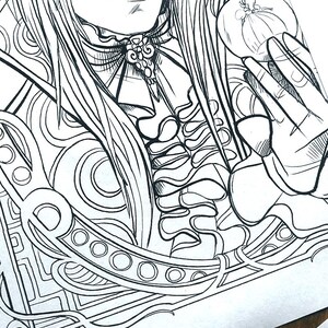 May include: A black and white line drawing of a person with long hair wearing a ruffled collar and holding a round object. The person is surrounded by intricate, swirling designs.
