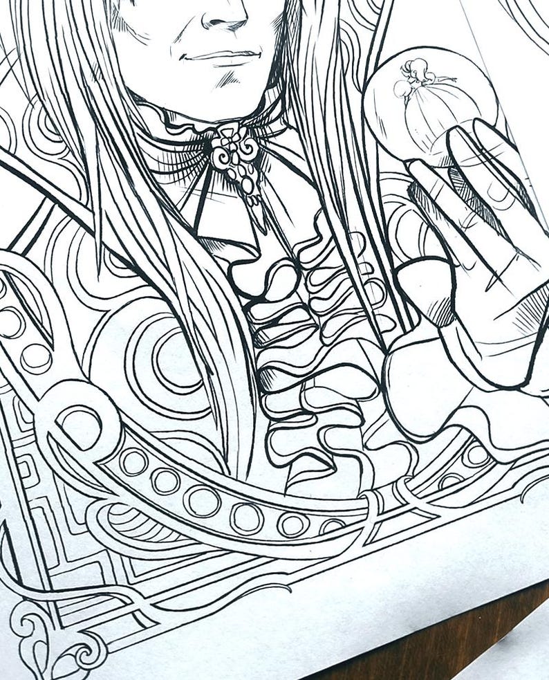 May include: A black and white line drawing of a person with long hair wearing a ruffled collar and holding a round object. The person is surrounded by intricate, swirling designs.