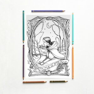 May include: Black and white line art illustration of a woman in a hooded cloak standing in a forest. The woman is looking down at the ground. The text "I am no bird and not  ensnared me - I am a free human being with an independent will" is written on a banner below the woman.