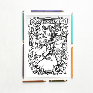 Coloring page PDF - Anne Shirley go to school - Lucy Maud Montgomery &quot;Anne of green gables&quot; Instant download PDF