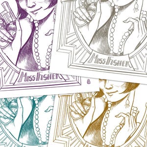 May include: Four illustrations of a woman in a flapper dress holding a gun. The woman is wearing a pearl necklace and has a bob haircut. The illustrations are in different colors: purple, gray, teal, and gold. The text "Miss Fisher" is at the bottom of each illustration.