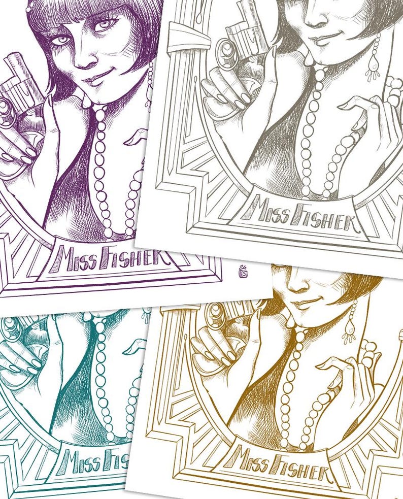 May include: Four illustrations of a woman in a flapper dress holding a gun. The woman is wearing a pearl necklace and has a bob haircut. The illustrations are in different colors: purple, gray, teal, and gold. The text "Miss Fisher" is at the bottom of each illustration.