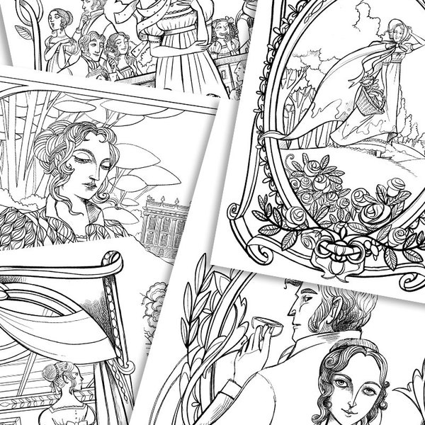 Coloring book PDF- Pride and Prejudice -5 different illustrations- Instant download - PDF Printable A4