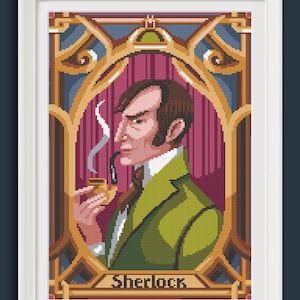 May include: A pixel art illustration of Sherlock Holmes, a fictional detective, in a green jacket and a white shirt, holding a pipe. He is framed in a gold and blue art deco style frame with the word "Sherlock" at the bottom.