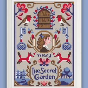 May include: Cross-stitch art of "The Secret Garden" featuring a portrait of a girl named Mary, red foxes, birds, keys, and a garden gate. The design includes the text "The Secret Garden" and is framed in a white border.