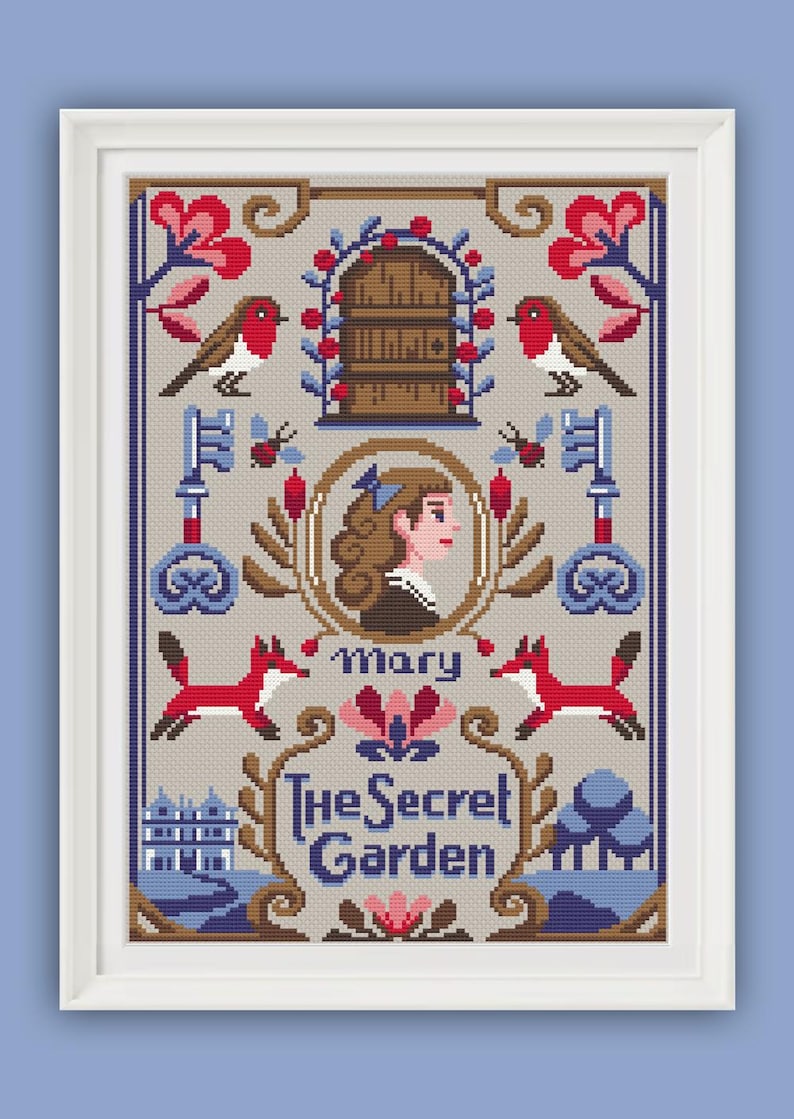 May include: Cross-stitch design of "The Secret Garden" with a portrait of Mary, red foxes, birds, keys, and a garden gate. The design includes the text "The Secret Garden" and is framed in a white border.
