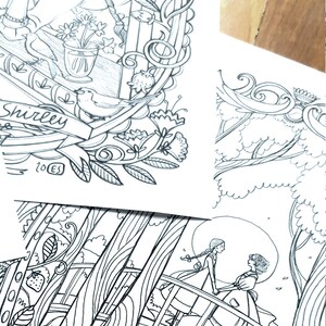 May include: Black and white line art drawing of two women standing on a bridge in a forest. The women are holding hands and looking at each other. The bridge is made of wood and has a railing. The forest is dense and has many trees. The moon is visible in the sky.
