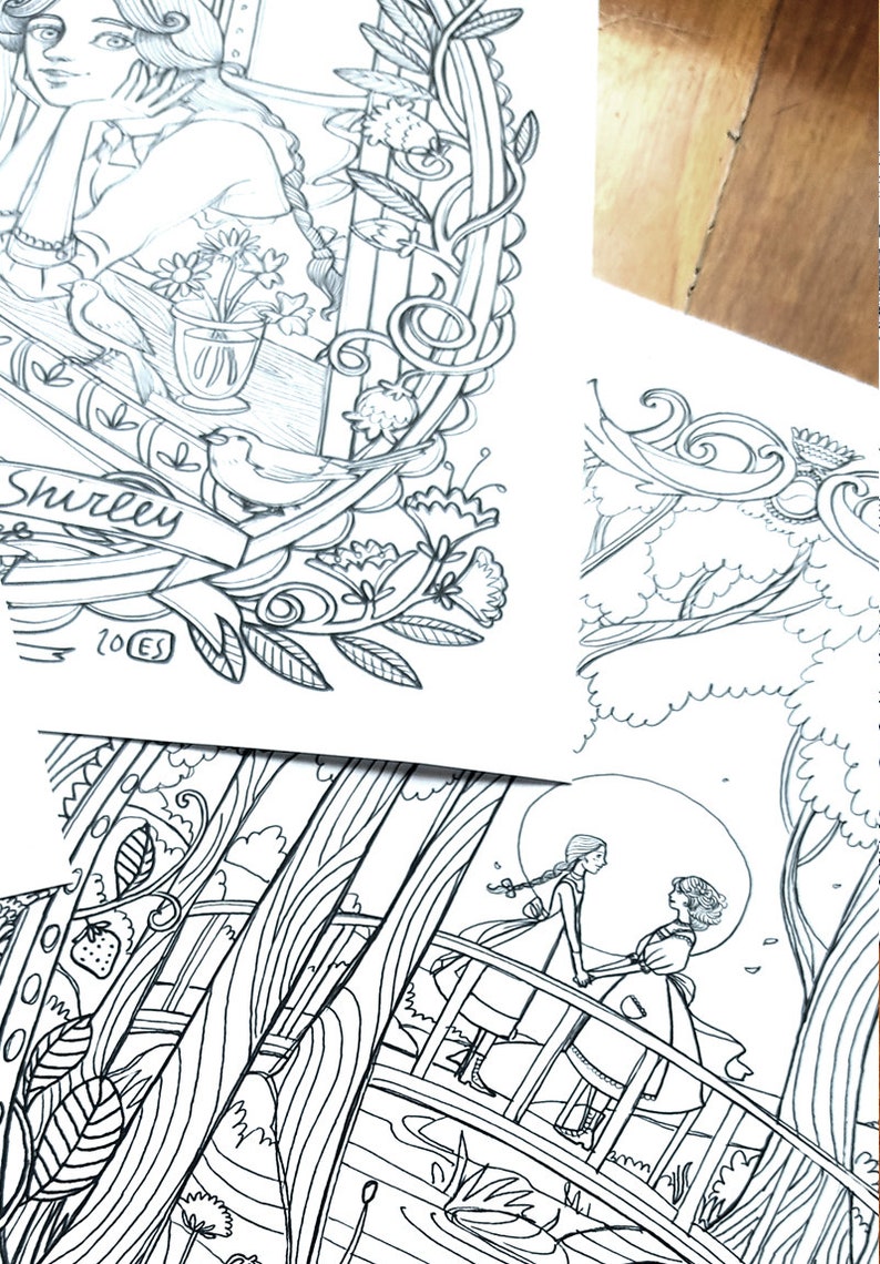 May include: Black and white line art drawing of two women standing on a bridge in a forest. The women are holding hands and looking at each other. The bridge is made of wood and has a railing. The forest is dense and has many trees. The moon is visible in the sky.