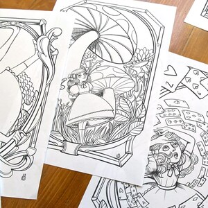 May include: Black and white line art coloring pages featuring Alice in Wonderland characters. The first page shows Alice standing under a large mushroom. The second page shows Alice surrounded by playing cards. The third page shows Alice standing in front of a large playing card.