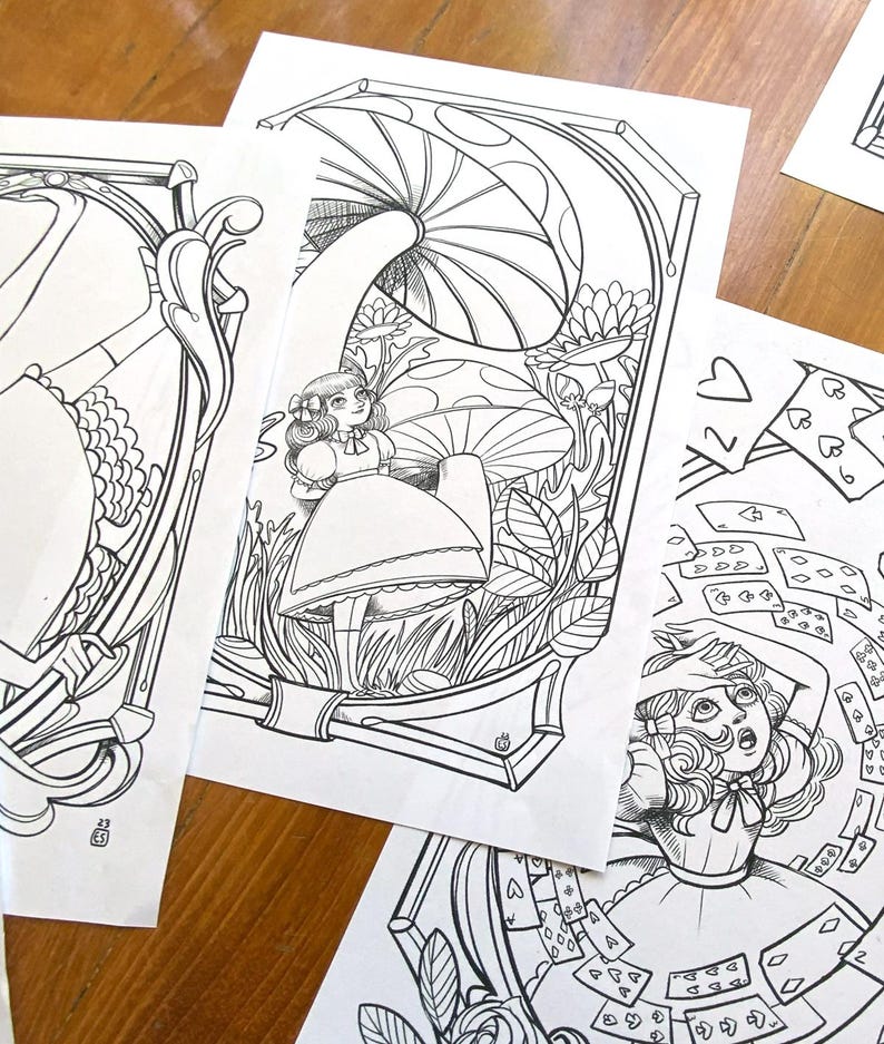May include: Black and white line art coloring pages featuring Alice in Wonderland characters. The first page shows Alice standing under a large mushroom. The second page shows Alice surrounded by playing cards. The third page shows Alice standing in front of a large playing card.