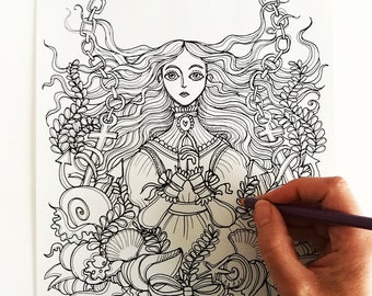 Coloring page - Annabel Lee - Edgar Allan Poe  - Instant download - Printable illustration PDF