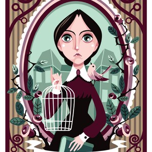 May include: A vintage-style illustration of Jane Eyre, a fictional character from the novel of the same name. The illustration features Jane Eyre in a dark dress, holding a birdcage and a book. The background is a green and brown color scheme with floral accents.