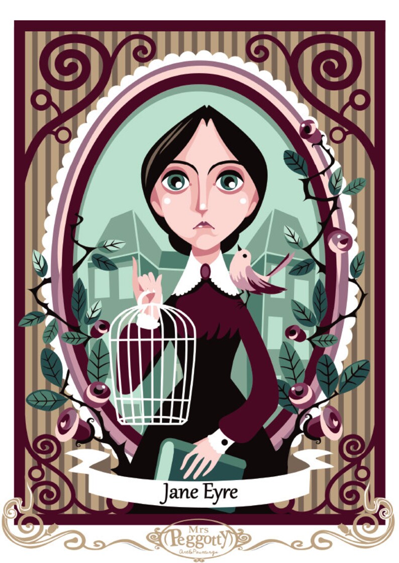 May include: A vintage-style illustration of Jane Eyre, a fictional character from the novel of the same name. The illustration features Jane Eyre in a dark dress, holding a birdcage and a book. The background is a green and brown color scheme with floral accents.