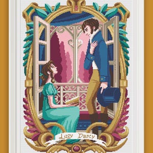 XLクロスステッチパターン「ダーシーとリジー」 - ジェーン・オースティン『高慢と偏見』 - パターンキーパー - マクラメダイヤモンドペインティング - PDFを今すぐダウンロード