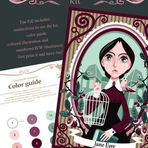 May include: A painting by numbers kit featuring a portrait of Jane Eyre. The kit includes a color guide with 15 different colors, a colored illustration, and a black and white numbered illustration.