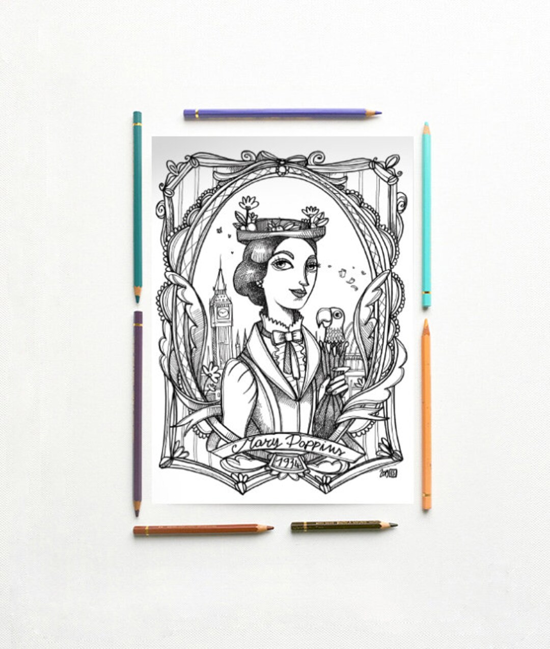 Mary Poppins - Coloring Page PDF - Mary Poppins PL Travers - Instant