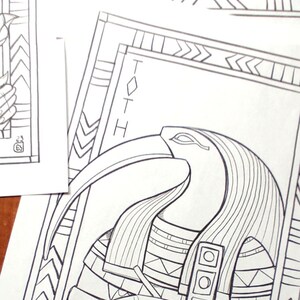 May include: Black and white line drawing of the Egyptian god Thoth, depicted as a man with the head of an ibis. He is holding a staff and a scroll, and the word "TOTH" is written above him.