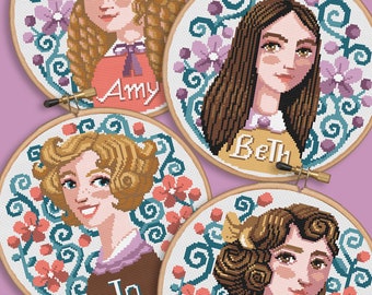 Little Women cross stitch - 4 pattern bundle - Jo, Meg, Amy and Beth March -Louisa May Alcott - -PDF Instant download