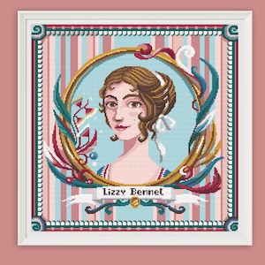 May include: A cross-stitch portrait of a woman with brown hair and a white collar. The portrait is framed in a gold circle with a blue background and surrounded by colourful floral designs. The text "Lizzy Bennet" is written below the portrait.