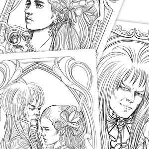 May include: A black and white line drawing of a couple embracing. The woman has long hair and is wearing a dress with a flower in her hair. The man has long hair and is wearing a shirt with a collar. The couple is framed by a decorative border.