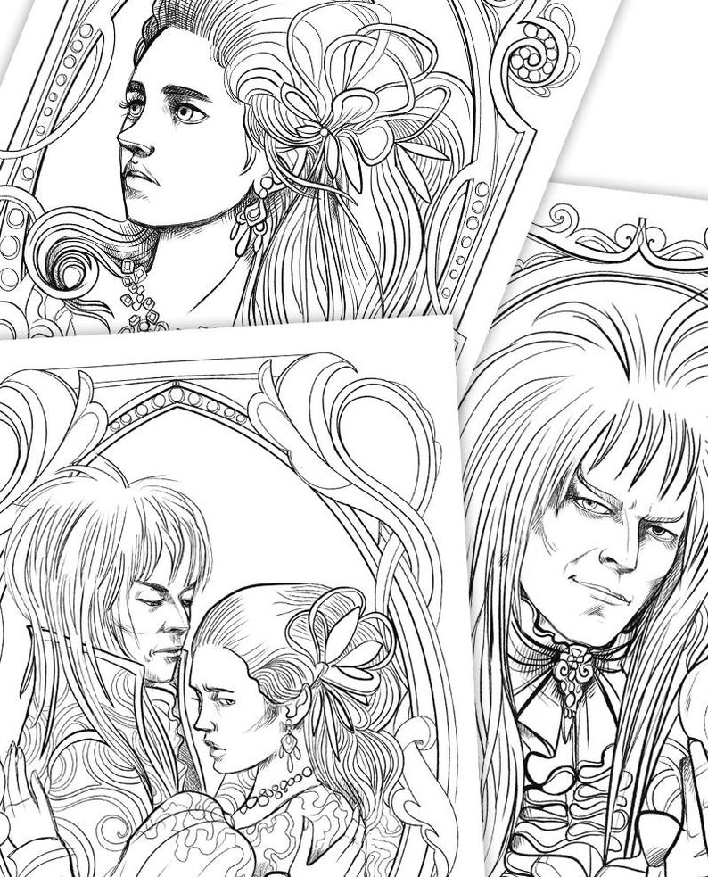 May include: A black and white line drawing of a couple embracing. The woman has long hair and is wearing a dress with a flower in her hair. The man has long hair and is wearing a shirt with a collar. The couple is framed by a decorative border.