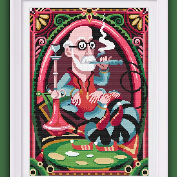 Freud cross stitch pattern -The Freud Caterpillar- Alice in wonderland - Lewis Carroll  -PDF Instant download