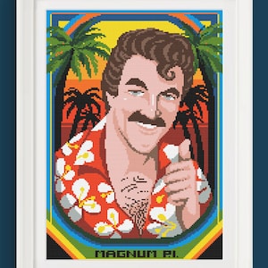May include: A pixelated illustration of a man in a Hawaiian shirt with a mustache and a palm tree background. The text "MAGNUM P.I." is at the bottom of the image.