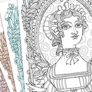 May include: Black and white line art illustration of a woman wearing a bonnet and a dress with a bow. The woman is framed in an ornate oval with floral details. The text "Jane Austen" is written below the image.