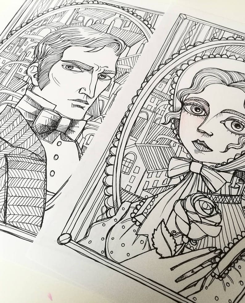 Instant download Art Printable illustration JPG 2 Coloring pages Margaret Hale and Mr John Thornton portraits North and South