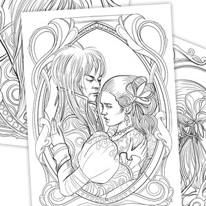 May include: A black and white line drawing of a couple embracing within an ornate frame. The man has long hair and is wearing a suit jacket. The woman has her hair pulled back and is wearing a dress with a bow.