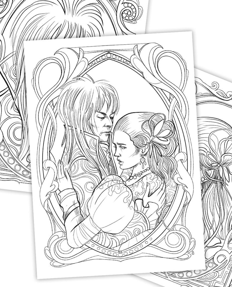 May include: A black and white line drawing of a couple embracing within an ornate frame. The man has long hair and is wearing a suit jacket. The woman has her hair pulled back and is wearing a dress with a bow.