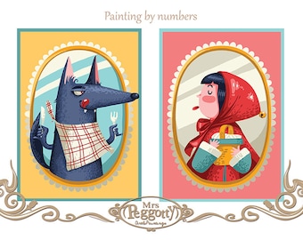 Paint by numbers - Red Riding hood and the wolf -Instant download, 2 illustrations paint kit