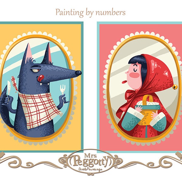 Paint by numbers - Red Riding hood and the wolf -Instant download, 2 illustrations paint kit