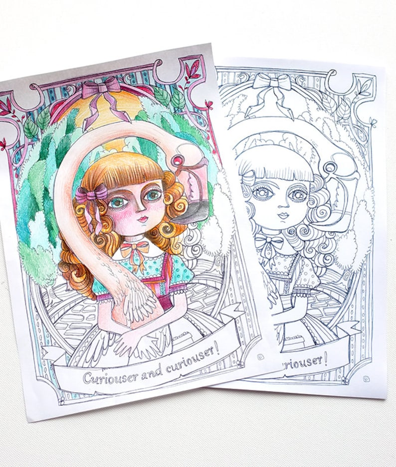 May include: A coloring book page featuring a girl with blonde hair and a pink bow, holding a flamingo. The girl is wearing a blue and white dress. The page is partially colored in with colored pencils. The text "Curiouser and curiouser!" is written on a banner at the bottom of the page.