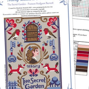 May include: Cross-stitch pattern titled "Mary Lennox Primitive: The Secret Garden." The design features a portrait of a girl, keys, foxes, birds, and the text "The Secret Garden." The colour palette includes red, blue, brown, and beige.
