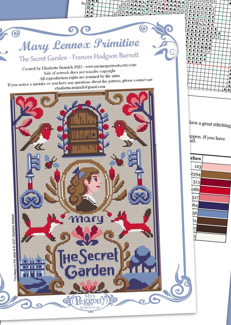 May include: Cross-stitch pattern titled "Mary Lennox Primitive: The Secret Garden." The design features a portrait of a girl, keys, foxes, birds, and the text "The Secret Garden." The colour palette includes red, blue, brown, and beige.