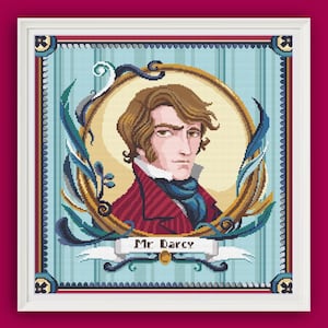 Może przedstawiać: Wzór do haftu krzyżykowego przedstawiający portret pana Darcy'ego z Dumy i uprzedzenia. Portret jest umieszczony w złotej owalnej ramie z ozdobnymi detalami i niebieskim tłem. Pod portretem widnieje napis "Mr. Darcy".