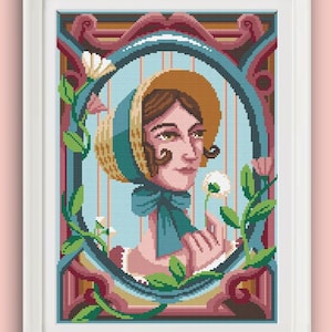 May include: A vintage-style illustration of a woman with brown hair wearing a blue and brown bonnet and a white dress. She is holding a white flower and is surrounded by green leaves and flowers. The illustration is framed in a decorative border with a blue and brown colour scheme.