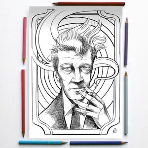 Könnte beinhalten: Schwarz-weiß-Linienzeichnung eines Mannes mit Schnurrbart und einer Zigarette in der Hand. Der Mann trägt einen Anzug und eine Krawatte. Der Hintergrund ist ein stilisiertes Art-Deco-Design.