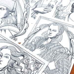 5 Páginas para colorir - Leonardo Da Vinci Vermeer Bronzino e Botticelli desenhados pela Sra. Peggotty - Páginas para colorir mulheres renascentistas - 5 PDF