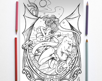 Coloring page - Margarita and Behemoth flying above St Petersburg -PDF coloring pages Instant download - Printable illustration