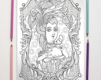 Coloring page- Marie Antoinette portrait -PDF Instant download, illustration coloring kit - NEW Art Printable Pattern