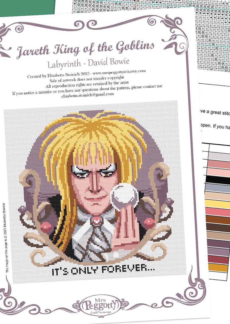 May include: Cross stitch pattern featuring a portrait of Jareth, the Goblin King from the movie Labyrinth, with the text "It's Only Forever..." below. The pattern is in a purple and gray color scheme.