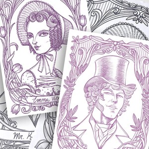 May include: A collection of printed cards featuring purple ink line art portraits. One card shows a person in a bonnet labeled Emma Woodhouse, another shows a person in a top hat labeled Mr. Knightley, both framed by ornate floral and leaf borders.
