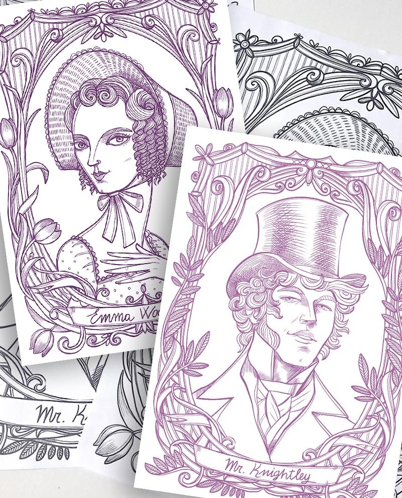 May include: A collection of printed cards featuring purple ink line art portraits. One card shows a person in a bonnet labeled Emma Woodhouse, another shows a person in a top hat labeled Mr. Knightley, both framed by ornate floral and leaf borders.