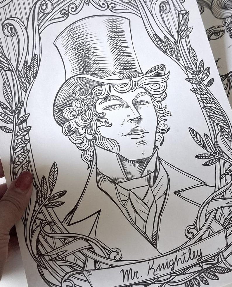 Coloring page PDF Emma and Mr Knightley portraits - Jane Austen -Instant download - Art Printable illustration image 2